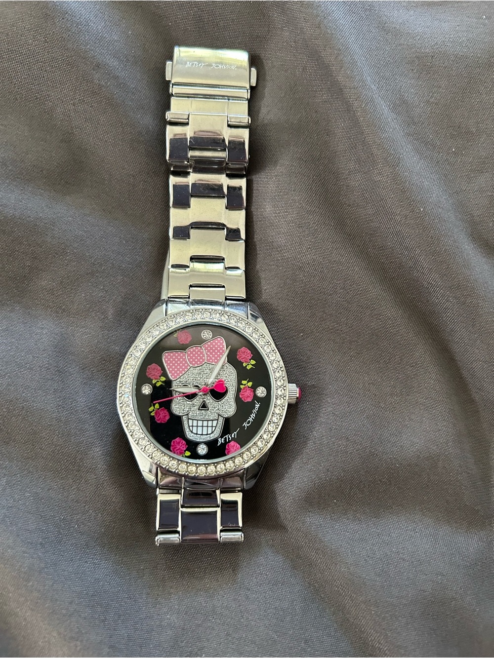 Betsey Johnson Silver Tone Skull Watch with Pink Accents